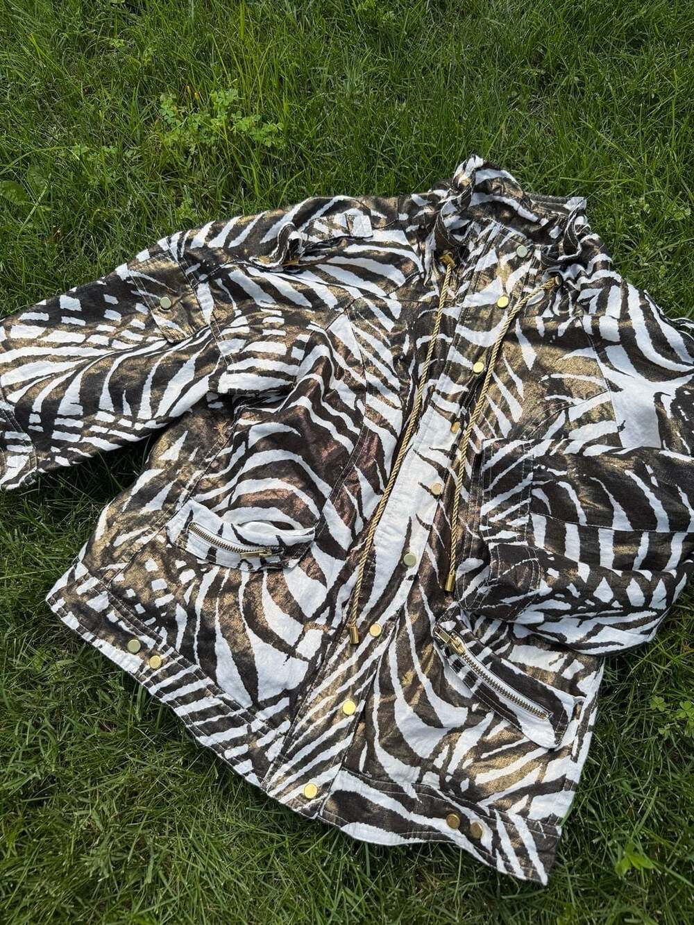 Just B Women's Metallic Zebra Print Linen Utility Jacket Size L